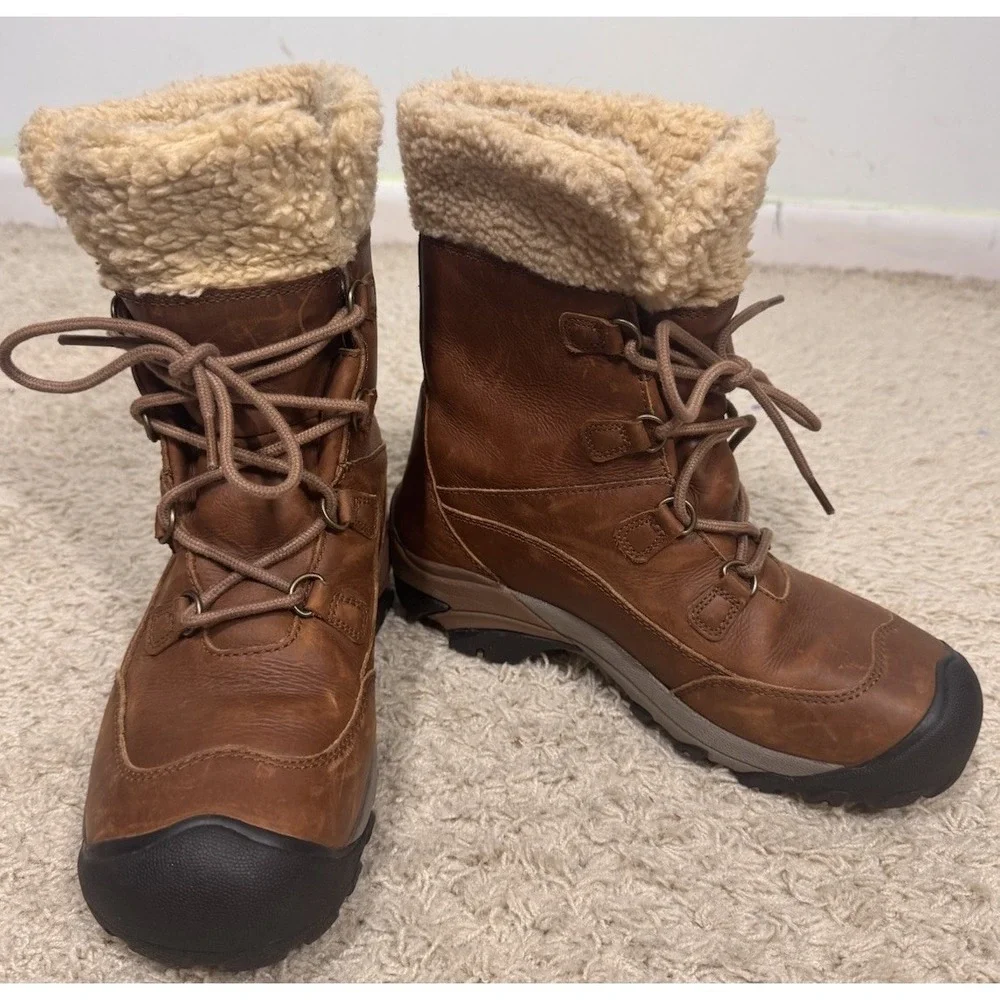 Keen Betty Waterproof Brown Leather Sherpa Lined Short Boots Women's 8 Outdoors